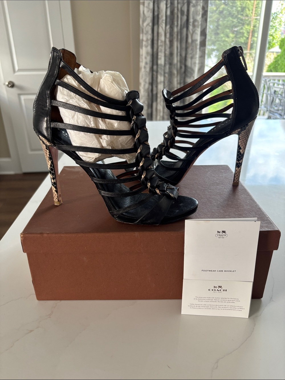 Coach Black Strappy High Heels with Snake-Print Stiletto